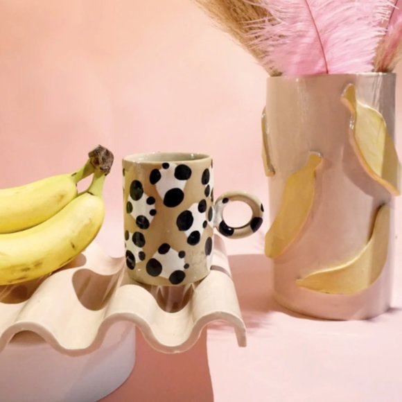 NWOT New LUX EROS Handmade Tan Round Handle Spotted Leopard Artsy Ceramic Mug - Picture 3 of 17